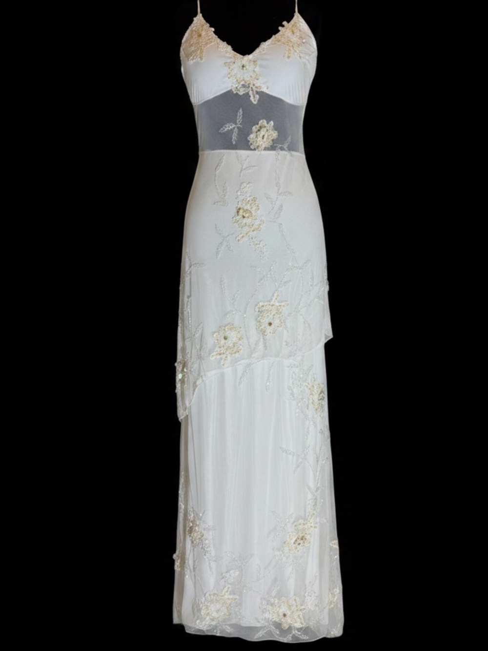 Elegant White hand beaded & Embroidered‎ wedding Dress w/Sheer Waist
